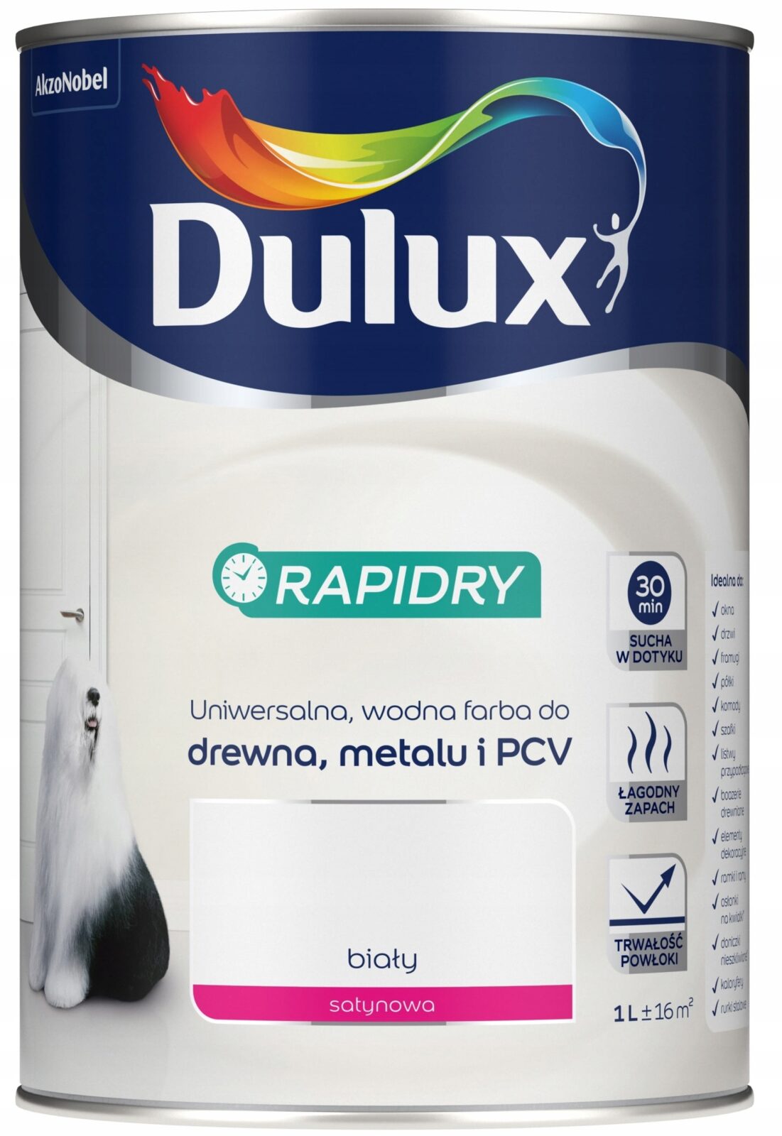 Dulux Rapidry Szybkoschnąca farba do drewna metalu BIAŁY SATYNOWY 1L