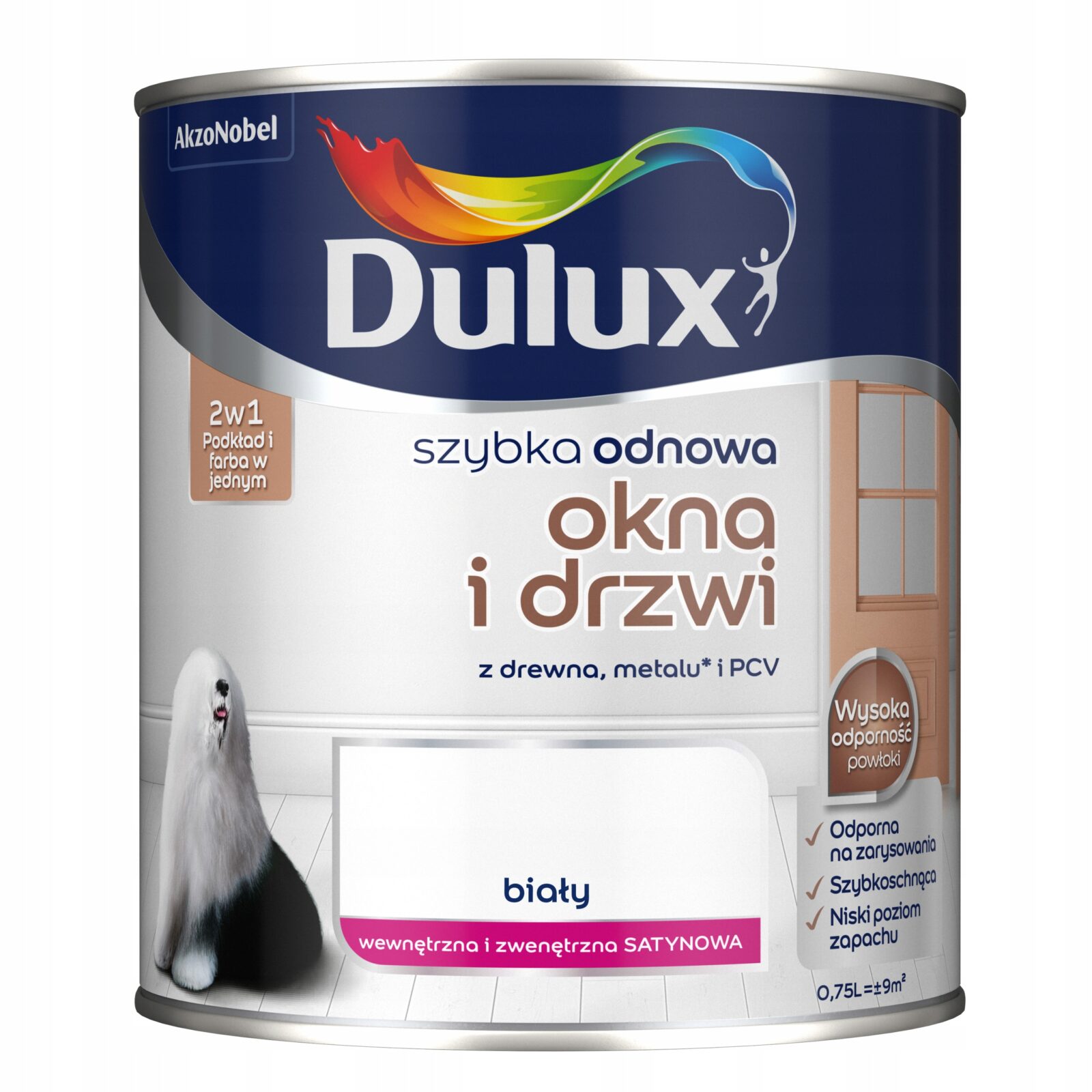 DULUX SZYBKA ODNOWA OKNA DRZWI FARBA DO DREWNA PCV METALU BIAŁY 0.75L