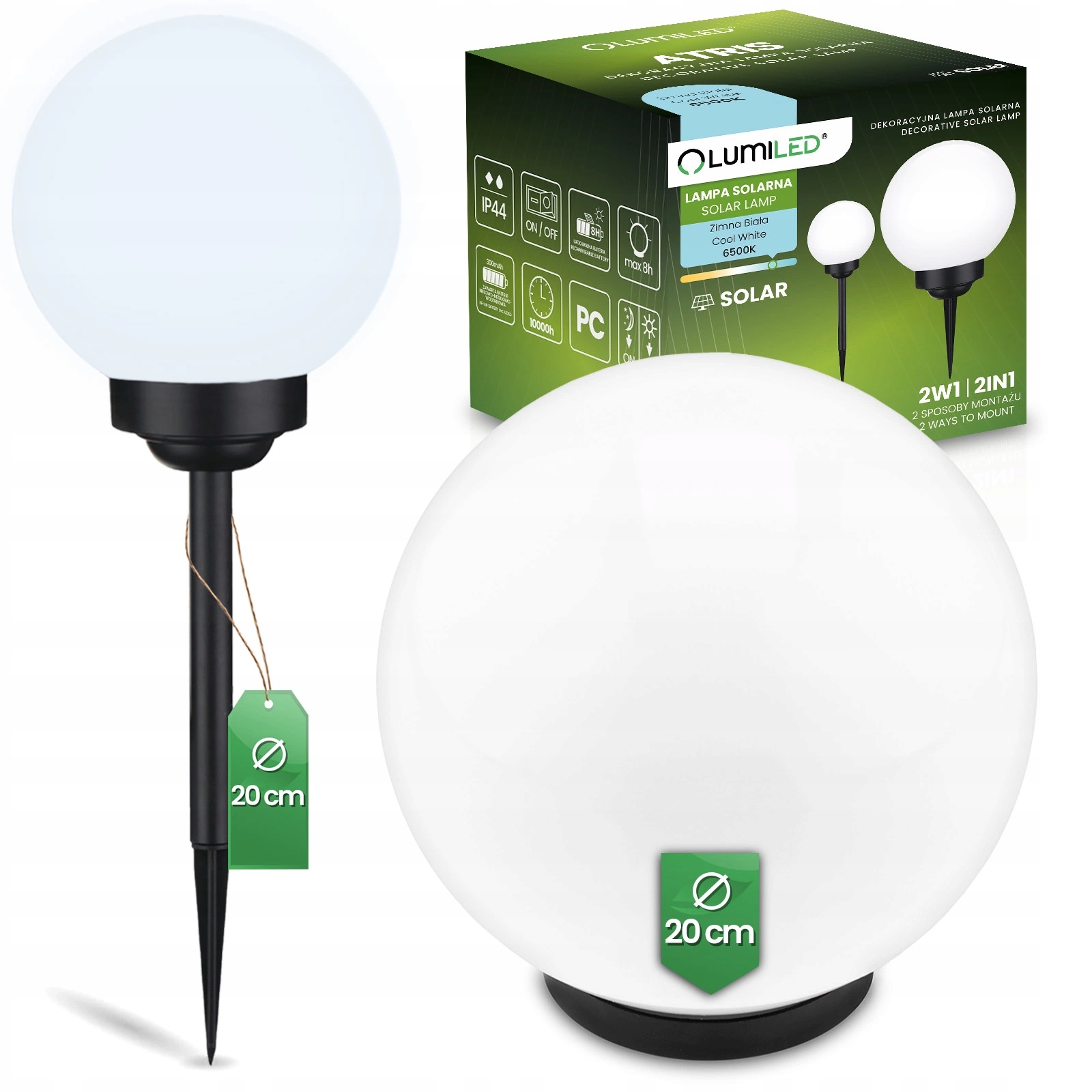 Lampa Solarna ATRIS Kula 20 cm Naziemna Wbijana Czujnik Zmierzchu Ogród