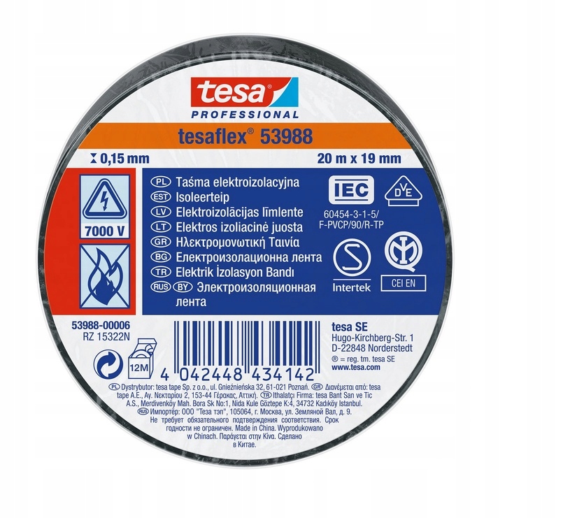 Taśma izolacyjna Tesa Tesaflex 19 mm x 20 m czarna 53988-00006-00
