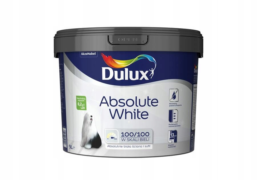 DULUX ABSOLUTE WHITE 9L FARBA BIAŁA DO ŚCIAN I SUFITÓW
