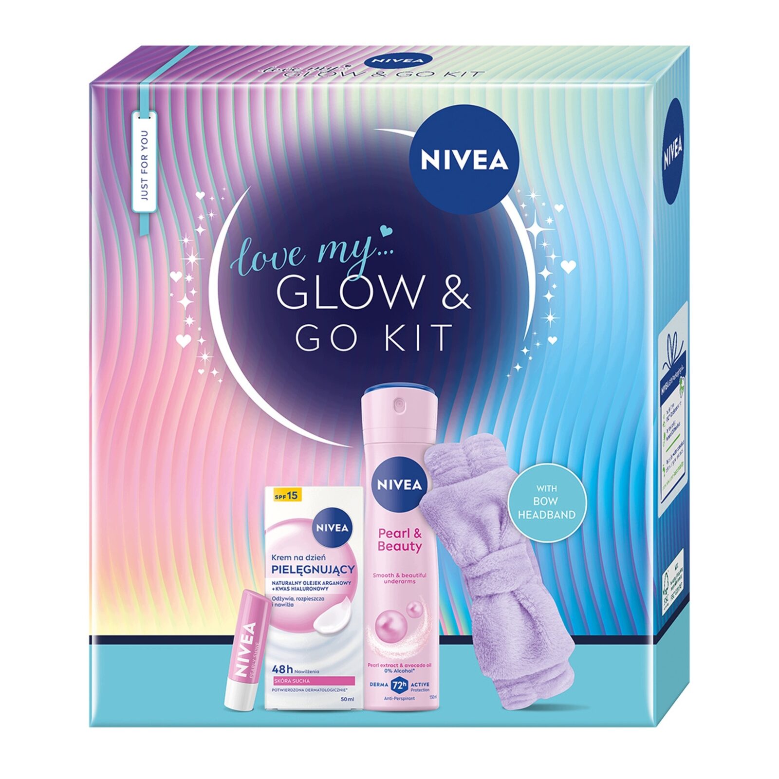 Nivea Zestaw GlowGo Kit dezodorant+ krem+pomadka+ opaska do włosów 02148
